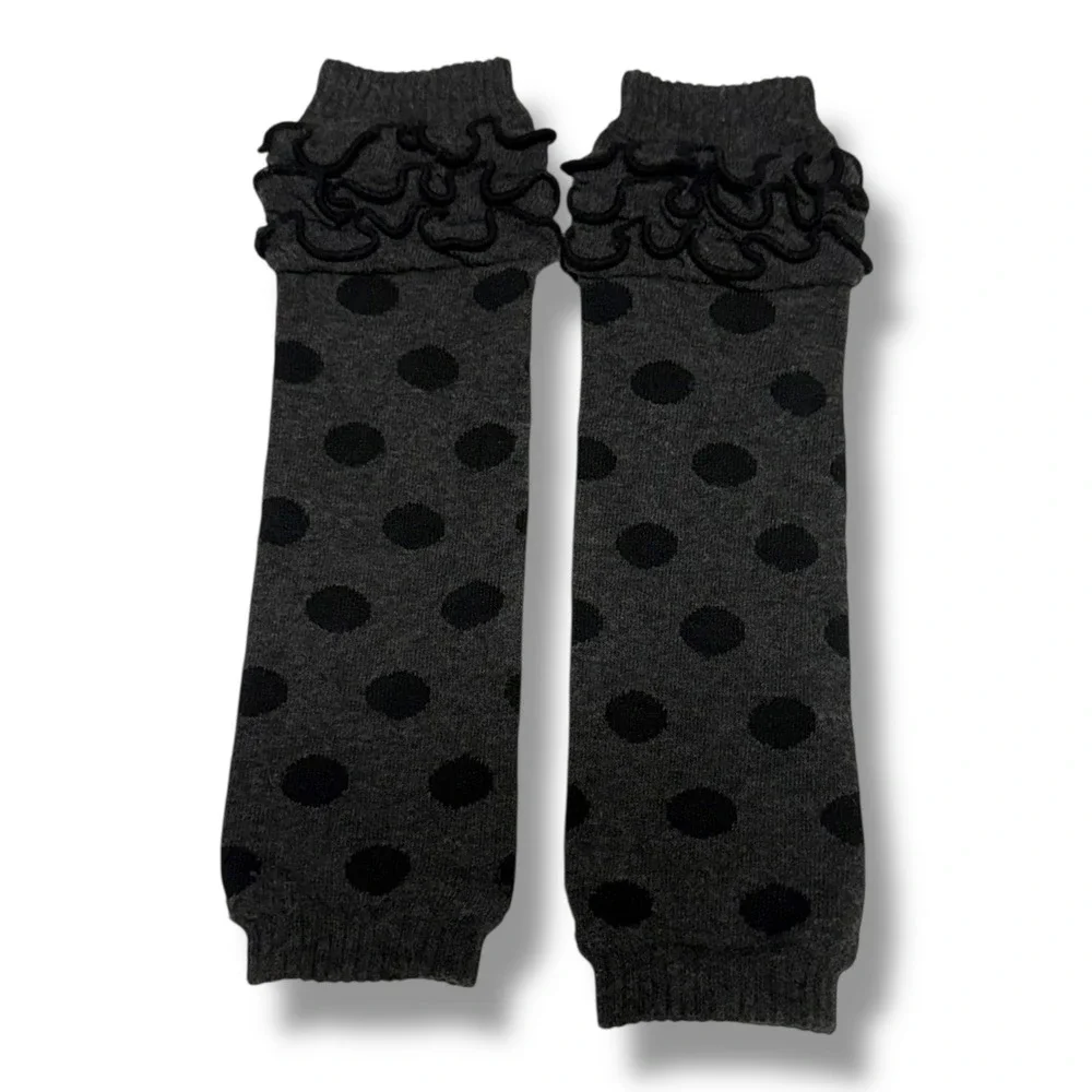 Kids Polka Dot Leg Warmers Charcoal Grey‎ Black Ruffle Trim Knit Toddler Baby